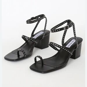 Steve Madden Black Studded Square-Toe Ankle-Strap Heels